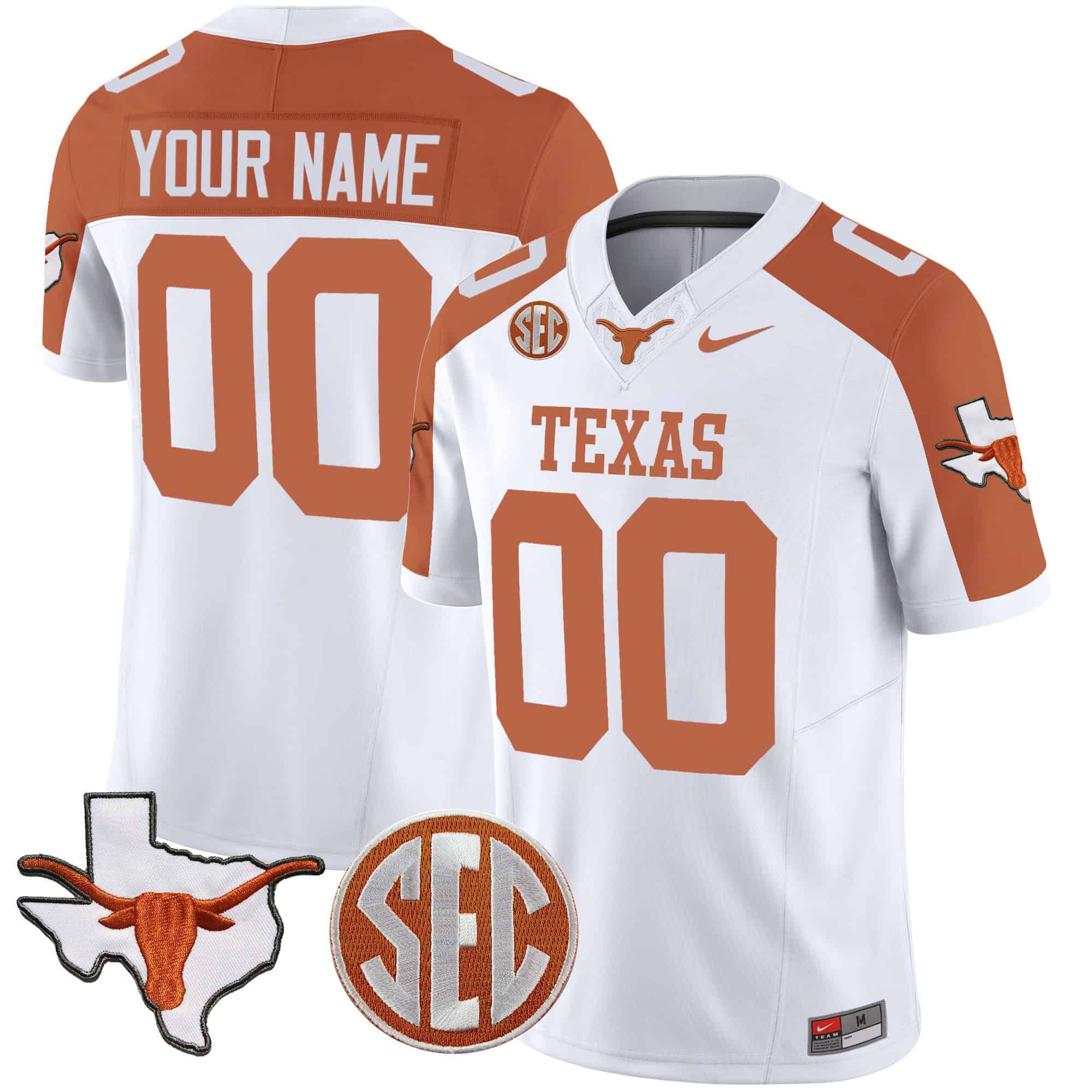 Men Texas Longhorns White 2024 Nike State Map & SEC Patch Vapor Custom NCAA Jersey style 1